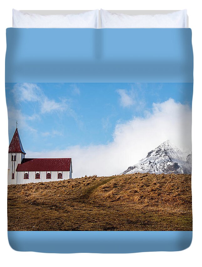 Iceland Duvet Cover featuring the photograph Hellnar church in Snaefellsnes peninsula of Western Iceland. by Michalakis Ppalis