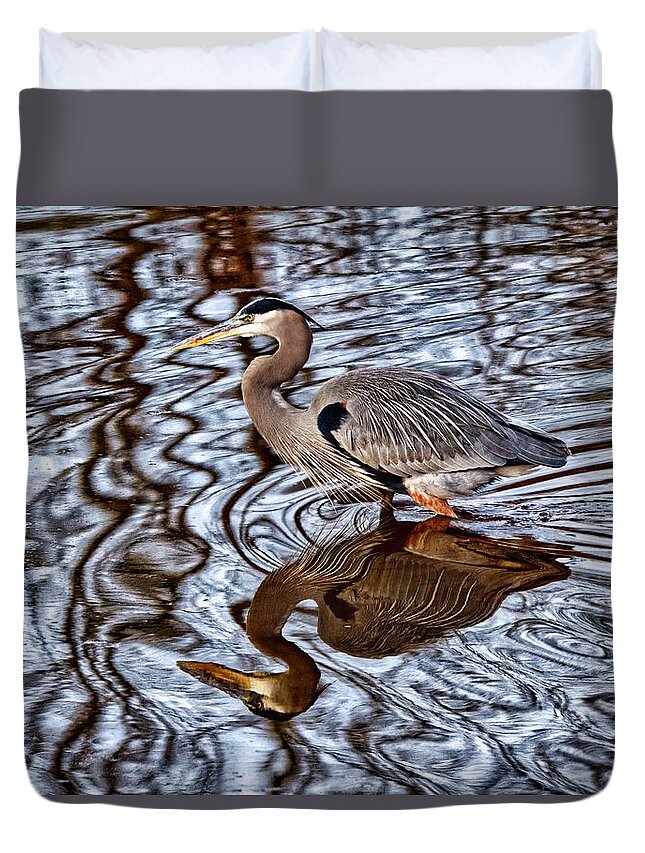 Birds Duvet Cover featuring the photograph Heron and his doppelganger #1 by Paul Ross