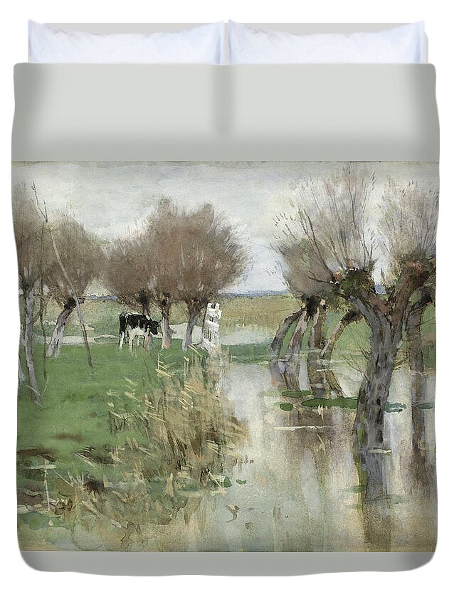 Geo Poggenbeek Duvet Cover featuring the drawing High water in the pasture #1 by Geo Poggenbeek