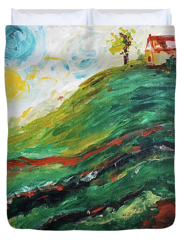 Landscape Duvet Cover featuring the painting House on a Hill #1 by Roxy Rich