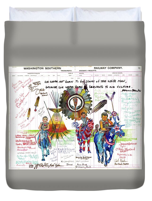 Ledger Art Duvet Cover featuring the drawing Indian Horse Power #2 by Robert Running Fisher Upham