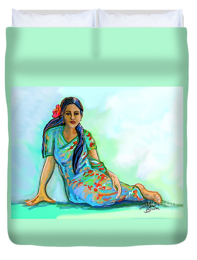 Indian Woman With Sari Duvet Cover featuring the digital art Indian Woman With Flower by Stacey Mayer