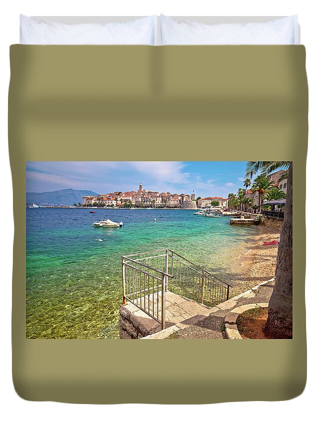Korcula Duvet Cover featuring the photograph Korcula. Historic town of Korcula island waterfront view #1 by Brch Photography