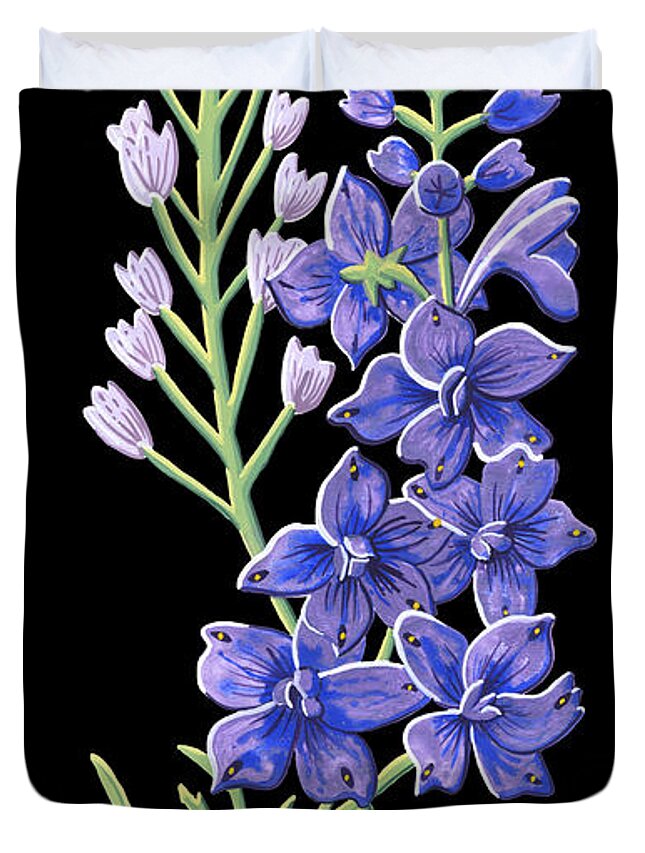 Larkspur Duvet Cover featuring the painting Larkspur July Birth Month Flower Botanical Print on Black - Art by Jen Montgomery #2 by Jen Montgomery