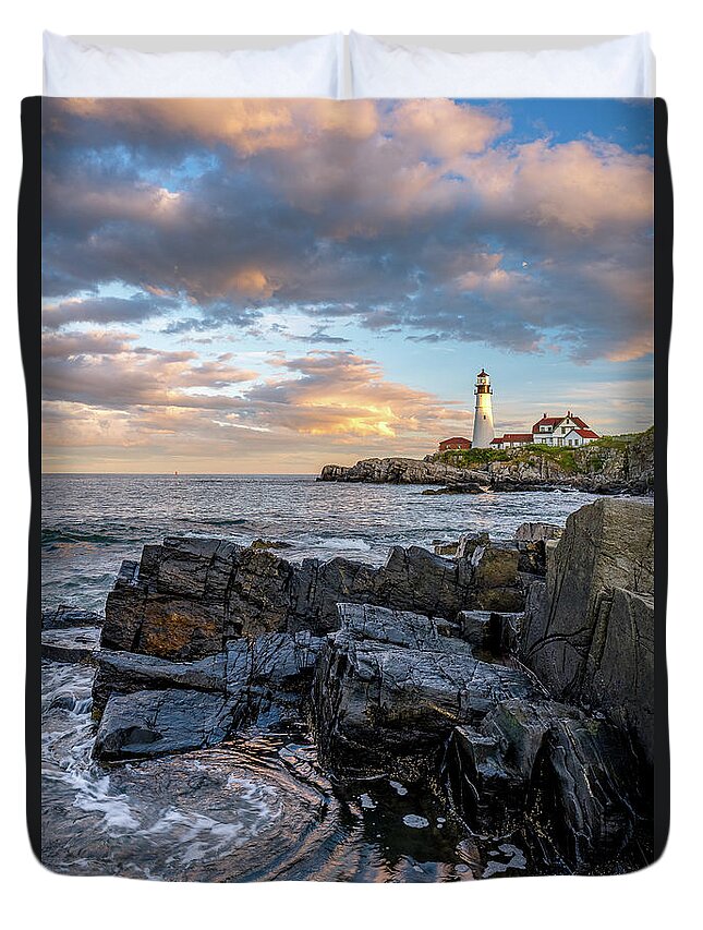 Barrier Duvet Cover featuring the photograph Last Light At Portland Head. by Jeff Sinon