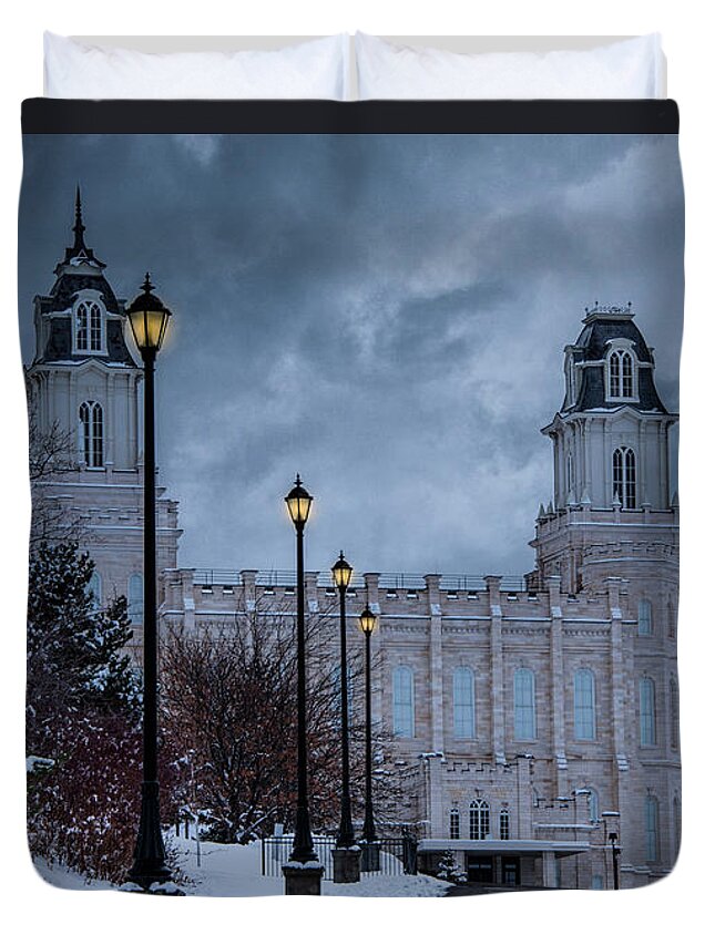 Manti Temple Duvet Cover featuring the photograph Lighted Path #1 by David Simpson
