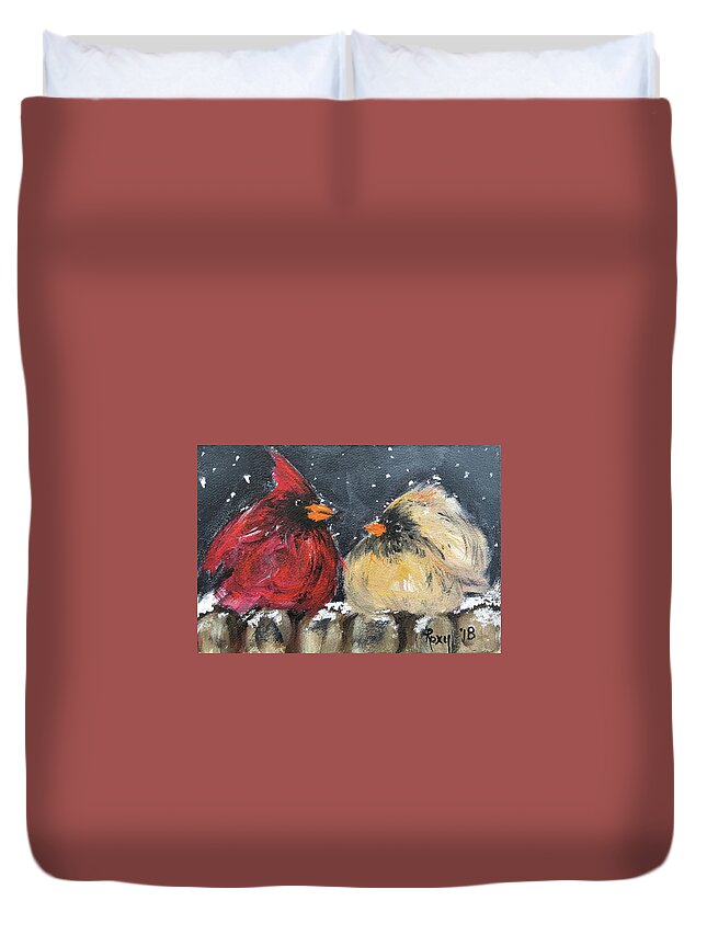Cardinals Duvet Cover featuring the painting Love at First Flight by Roxy Rich