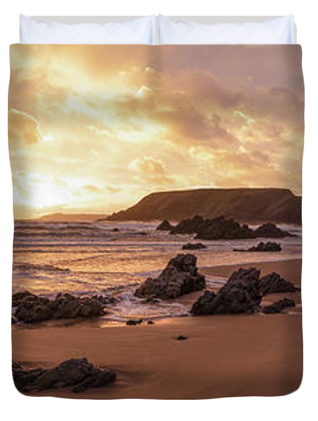 Panorama Duvet Cover featuring the photograph Marloes Sands Beach Sunset Pembrokeshire Coast Wales #1 by Sonny Ryse