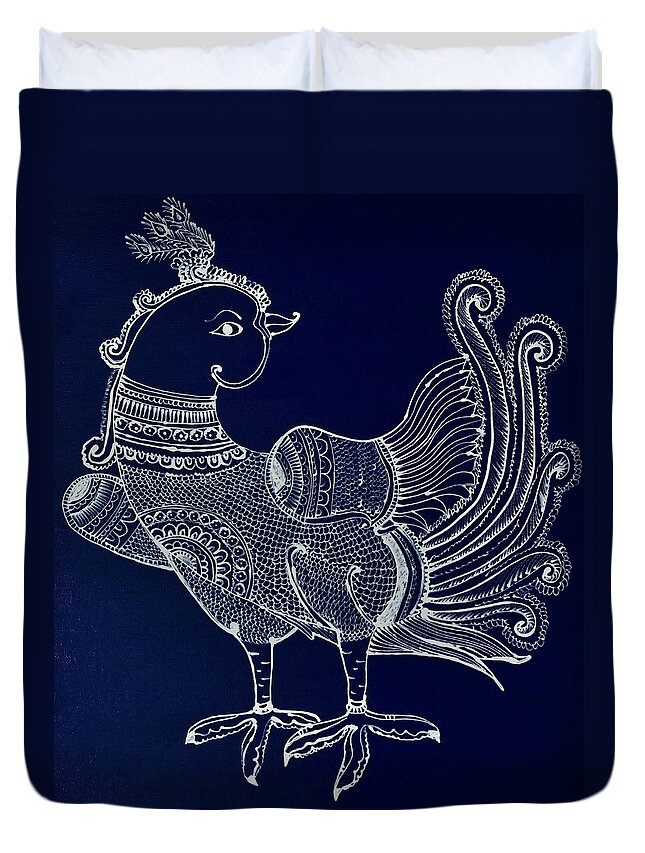 Kalamkari Duvet Cover featuring the painting Peacock - Royal Blue by Bnte Creations