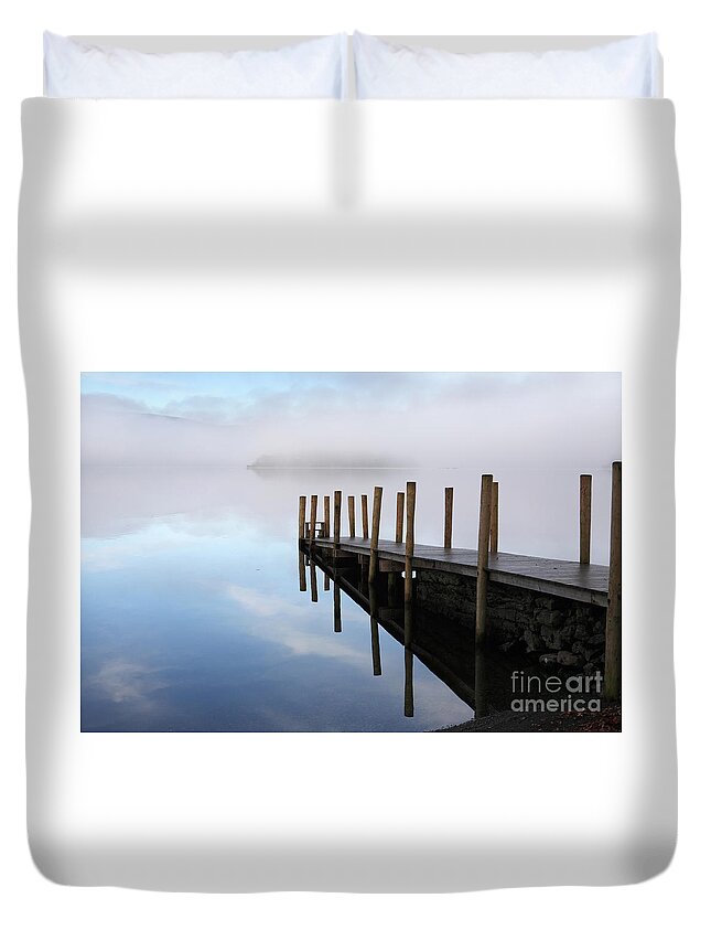 Jetty Duvet Cover featuring the photograph Mist over Derwent Water #1 by Bryan Attewell