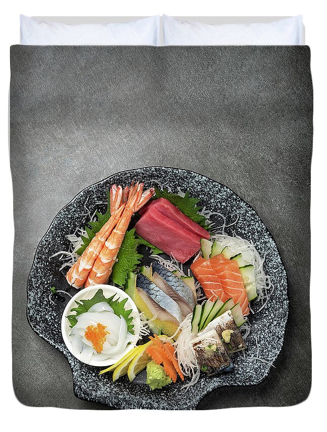 Asia Duvet Cover featuring the photograph Mixed Sashimi Plate In Japanese Restaurant On Grey Background #1 by JM Travel Photography