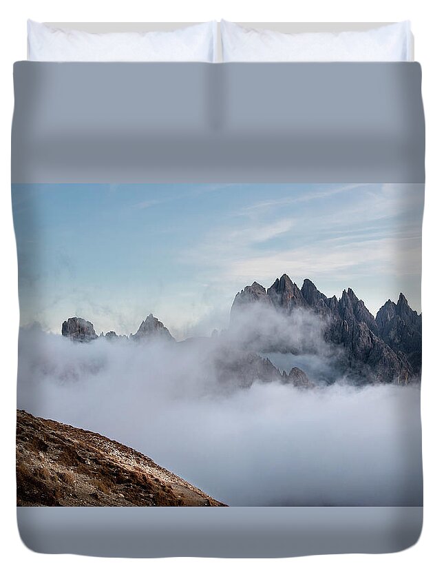 Italian Alps Duvet Cover featuring the photograph Mountain landscape with fog in autumn. Tre Cime dolomiti Italy. by Michalakis Ppalis