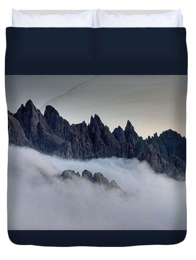 Dolomiti Duvet Cover featuring the photograph Mountain landscape with mist, at sunset Dolomites at Tre Cime Italy. by Michalakis Ppalis
