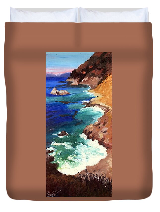 Cliff Duvet Cover featuring the painting Ocean View at Big Sur #1 by Alice Leggett
