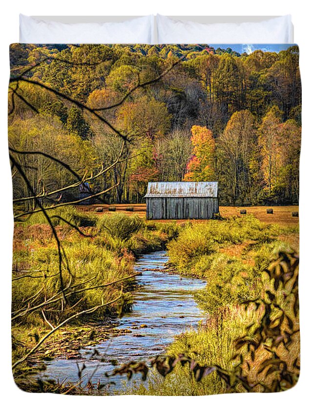 Barns Duvet Cover featuring the photograph Old Barn by the Creek Creeper Trail in Autumn Tones Damascus Vir #1 by Debra and Dave Vanderlaan