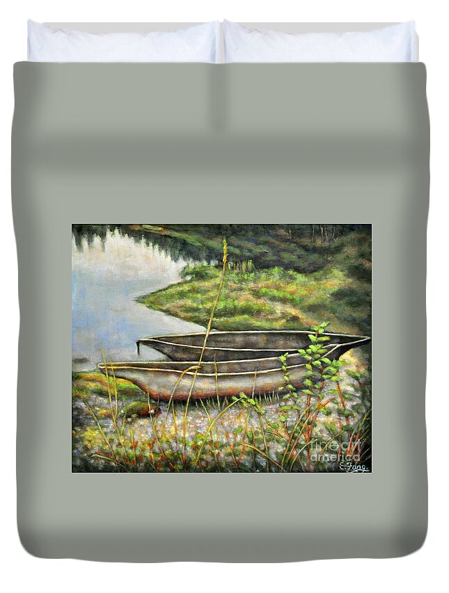 Old Dug Out Canoes Duvet Cover featuring the painting Old Canoes at Rest #1 by Eileen Fong