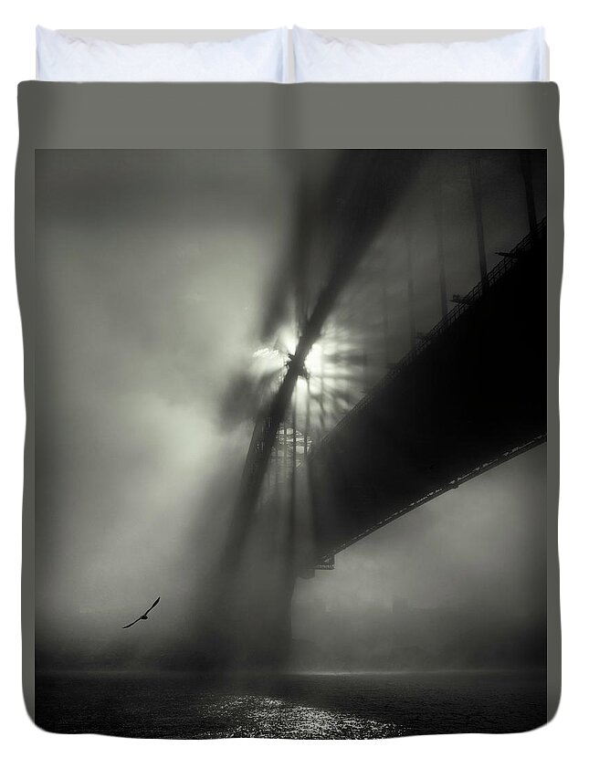 Monochrome Duvet Cover featuring the photograph One Morning at the Bridge by Grant Galbraith