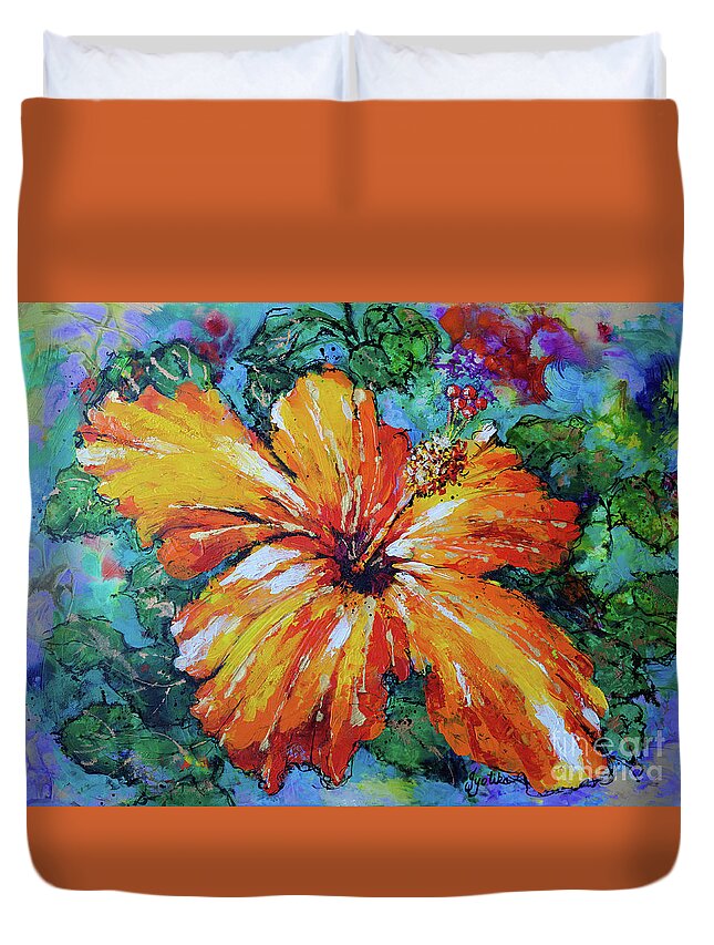 Orange Hibiscus Duvet Cover featuring the painting Orange Hibiscus by Jyotika Shroff