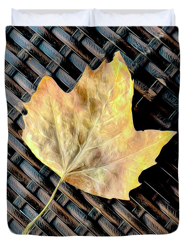 Autumn Duvet Cover featuring the photograph Painterly Autumn Leaf On Webbed Seat #1 by Gary Slawsky
