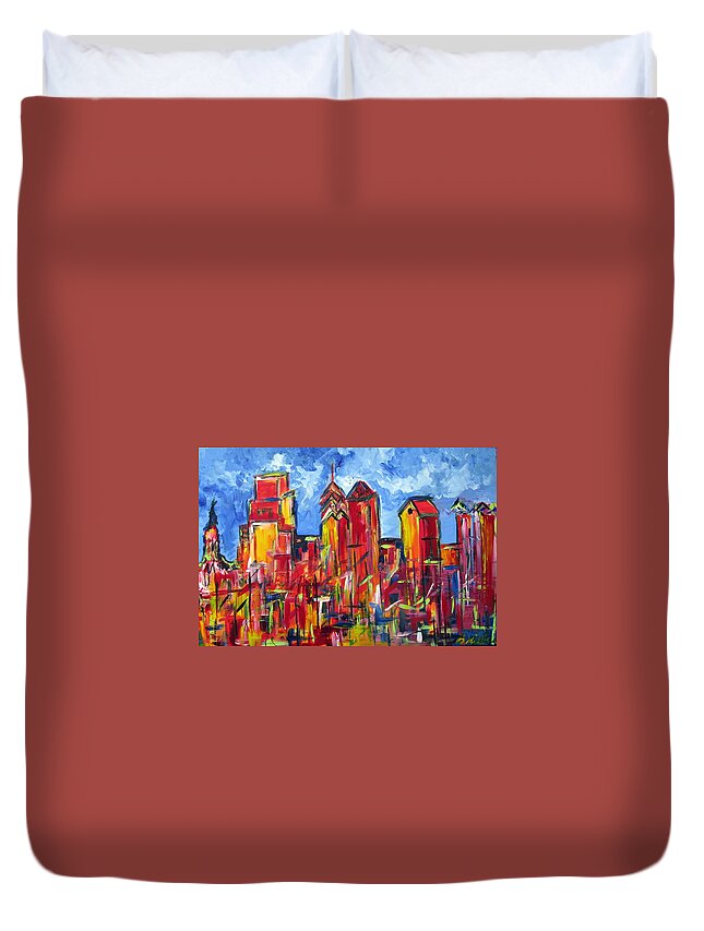 Philadelphia Duvet Cover featuring the painting Red Blue Philly Skyline by Britt Miller