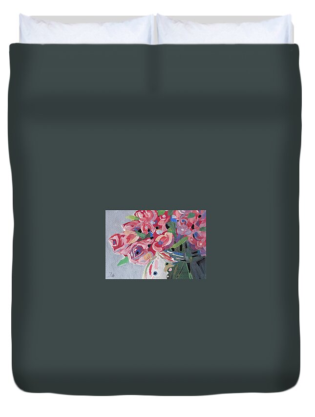 Still Life Duvet Cover featuring the painting Pink Roses by Sheila Romard