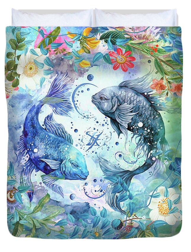 Zodiac; Horoscope; Astrology Sign; Fishes; Fish; Water; Flowers; Floral; Digital Art; Mixed Media; Puzzle Art; Painting; Illustration; Story; Metaphysical; Inspiring; Water Duvet Cover featuring the digital art Pisces #1 by Claudia McKinney