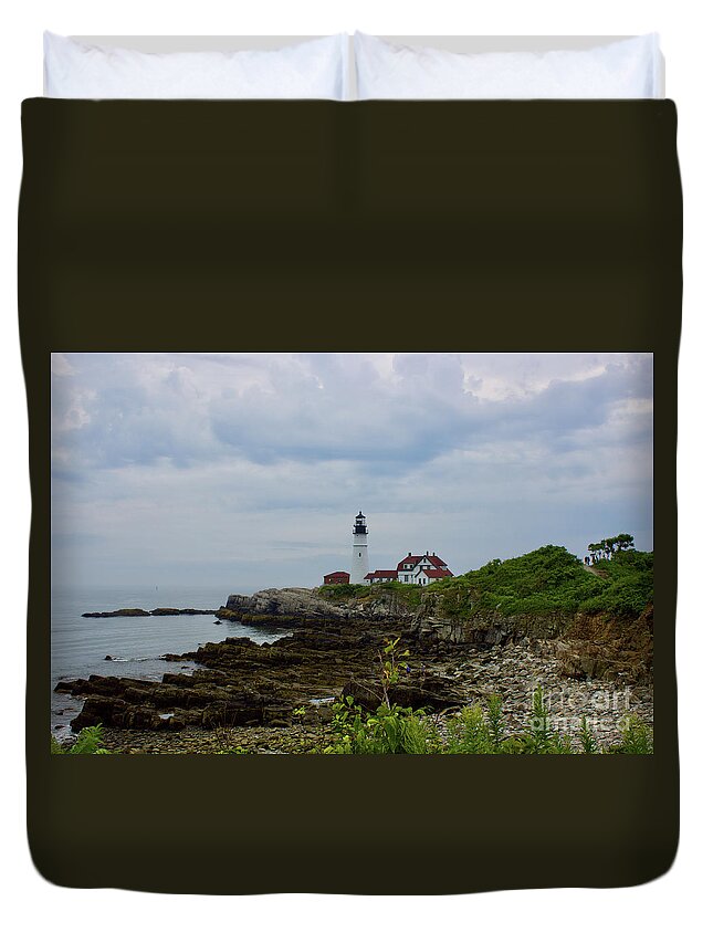  Duvet Cover featuring the pyrography Portland Headlight #1 by Annamaria Frost