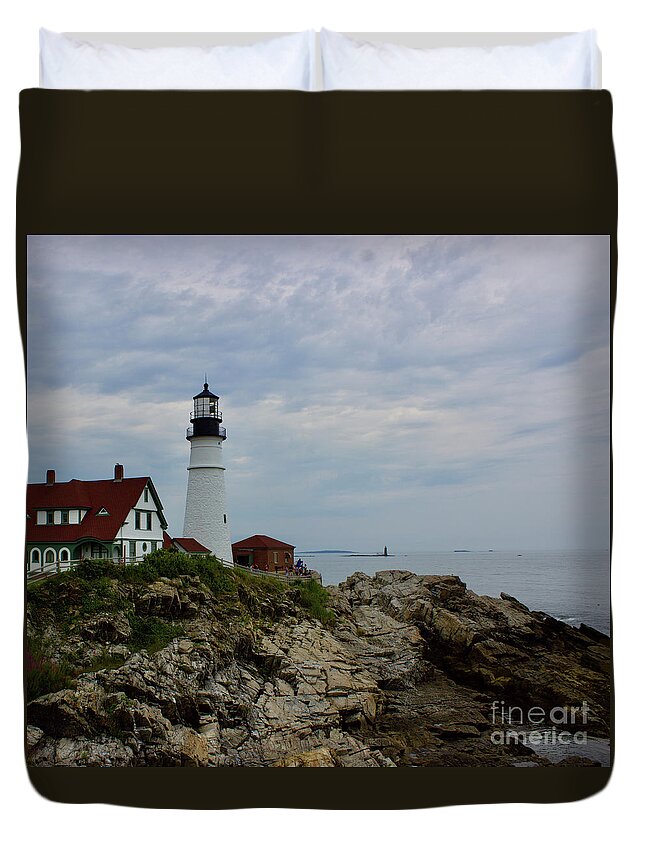  Duvet Cover featuring the pyrography Portland Lighthouse #1 by Annamaria Frost