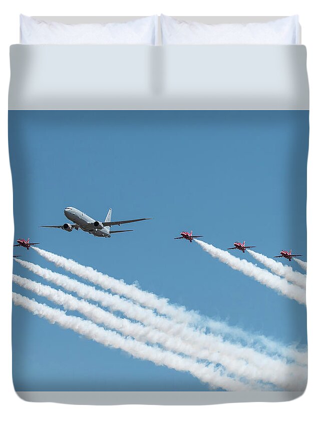 P 8 Poseidon Duvet Cover featuring the photograph Red Arrows and P8 Poseidon #1 by Airpower Art