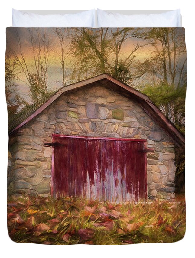 Barns Duvet Cover featuring the photograph Red Door Barn Farm Creeper Trail in Autumn Fall Colors Damascus #1 by Debra and Dave Vanderlaan