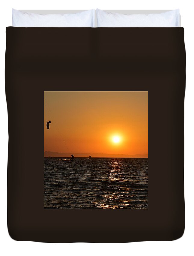 Kitesurfing Duvet Cover featuring the photograph Red sea sunset by Luca Lautenschlaeger