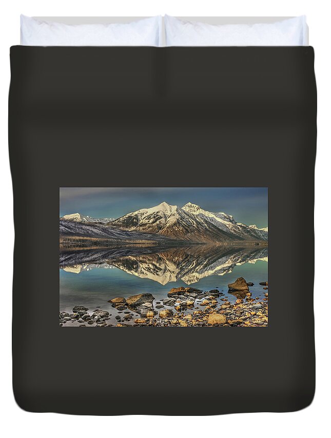 Reflections Of The Towering Mountains At Glacier National Park Duvet Cover featuring the photograph Reflecting Beauty #1 by Carolyn Hall