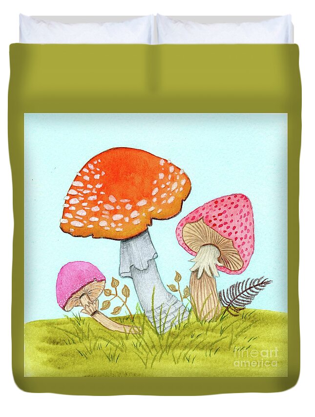 Retro Mushrooms Duvet Cover featuring the painting Retro Mushrooms 3 by Donna Mibus