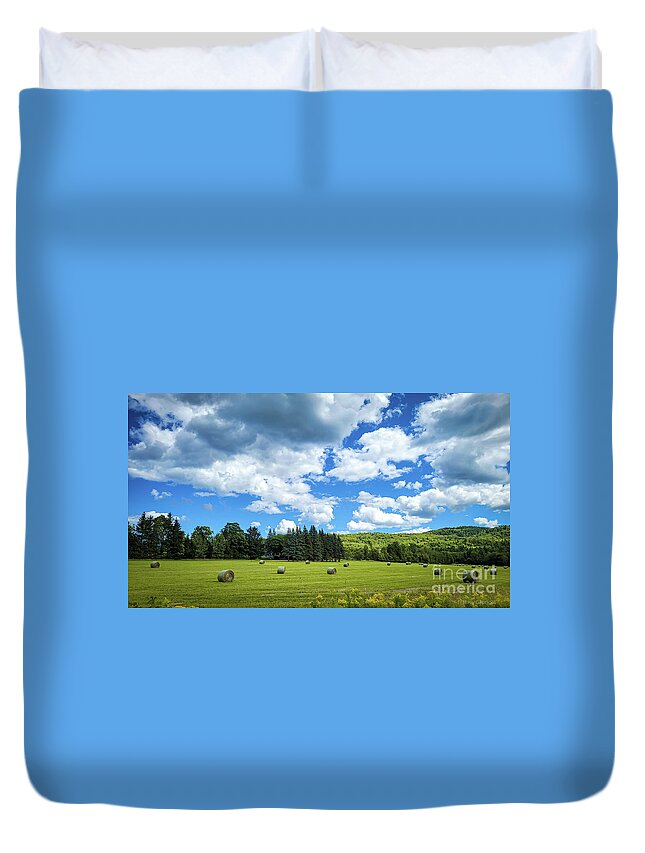 Canada Duvet Cover featuring the photograph Hay Bales on Roadtrip Canada by Mary Capriole