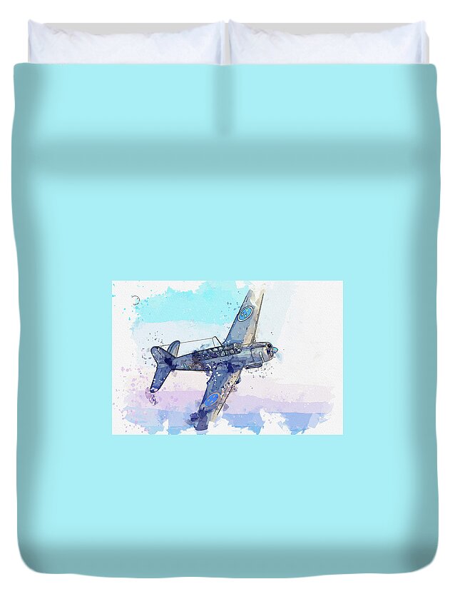 Plane Duvet Cover featuring the painting Saab B A in watercolor ca by Ahmet Asar #1 by Celestial Images