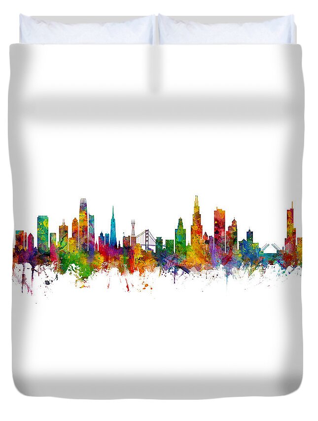 Chicago Duvet Cover featuring the digital art San Francisco and Chicago Skyline Mashup by Michael Tompsett