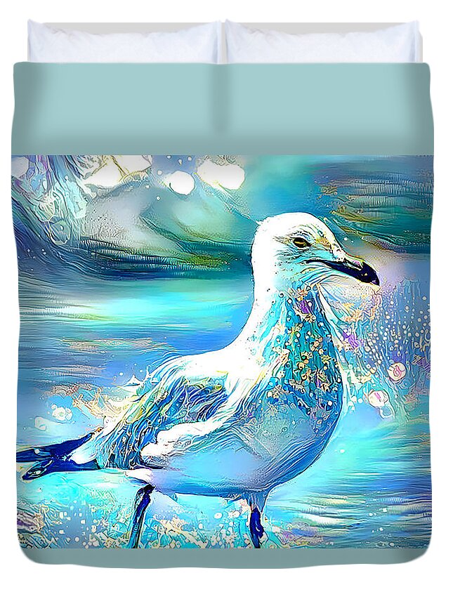 Bird Duvet Cover featuring the mixed media Colorful Seagull By The Seashore by Debra Kewley