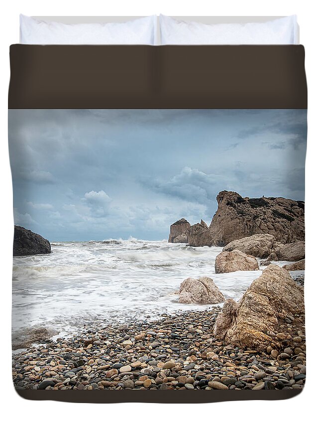 Paphos Duvet Cover featuring the photograph Seascapes with windy waves. Rock of Aphrodite Paphos Cyprus by Michalakis Ppalis
