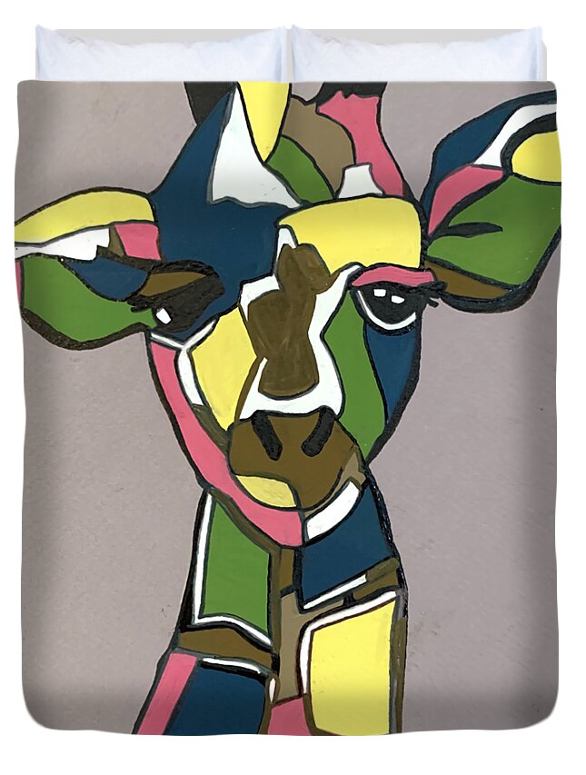 Giraffe Painting Duvet Cover featuring the painting Stand Tall - Colorful Giraffe Painting #2 by Christie Olstad