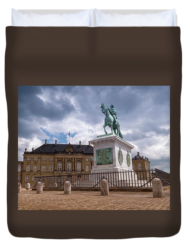 Building Duvet Cover featuring the photograph Statue of Frederick V by Jacques Francois Joseph Saly, Amalienborg Palace Square in Copenhagen, Denmark #1 by Elenarts - Elena Duvernay photo