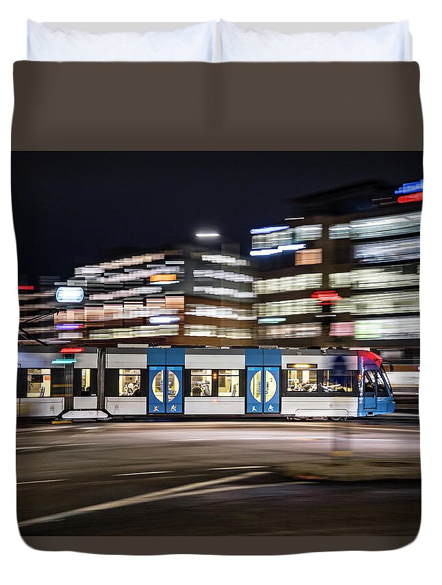 Town Duvet Cover featuring the photograph Stockholm tram #1 by Alexander Farnsworth