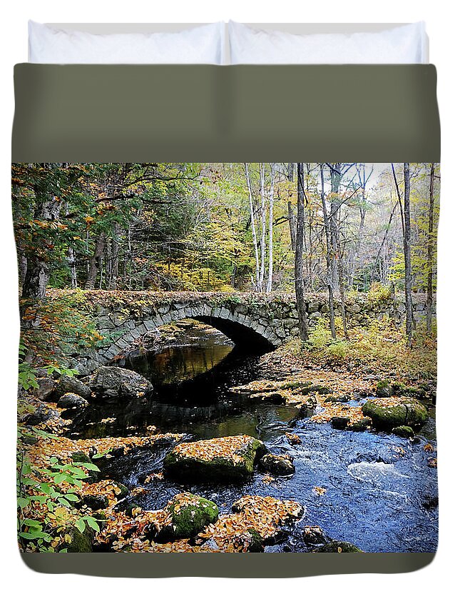 Stone Arch Autumn New England Hampshire Nh Bridge Water Stream Trout Fishing Leaves Foliage Fall Brook Duvet Cover featuring the photograph Stone Arch Bridge in Autumn by Wayne Marshall Chase