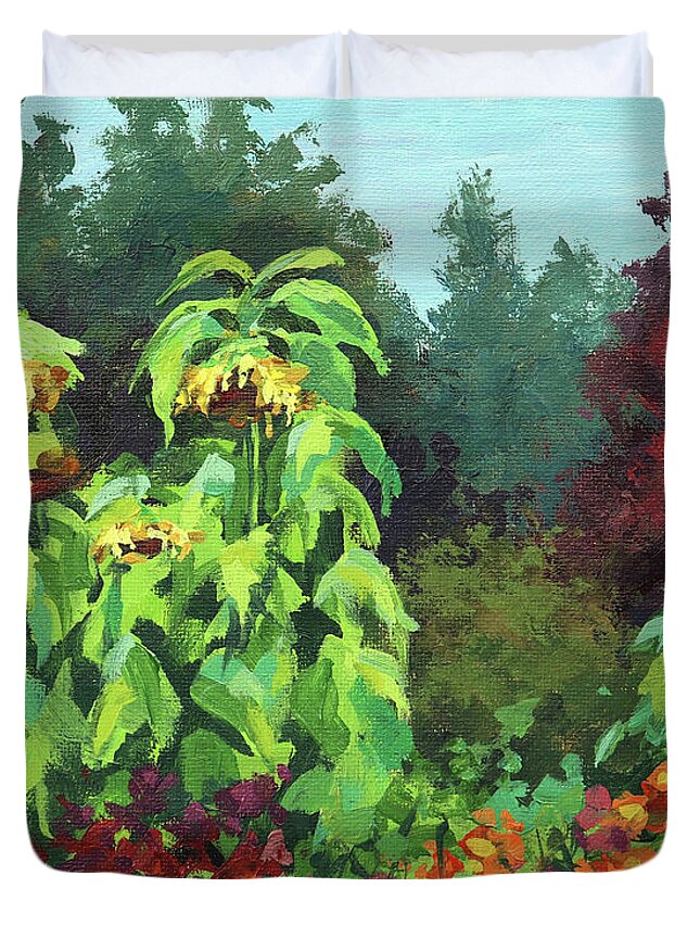 Flowers Duvet Cover featuring the painting Sunflower Garden #1 by Karen Ilari