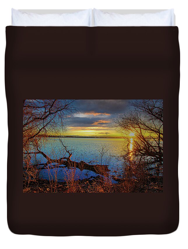 Autumn Duvet Cover featuring the photograph Sunset Over Lake Framed By TreesSunset Over Lake Framed By Trees by Tom Potter