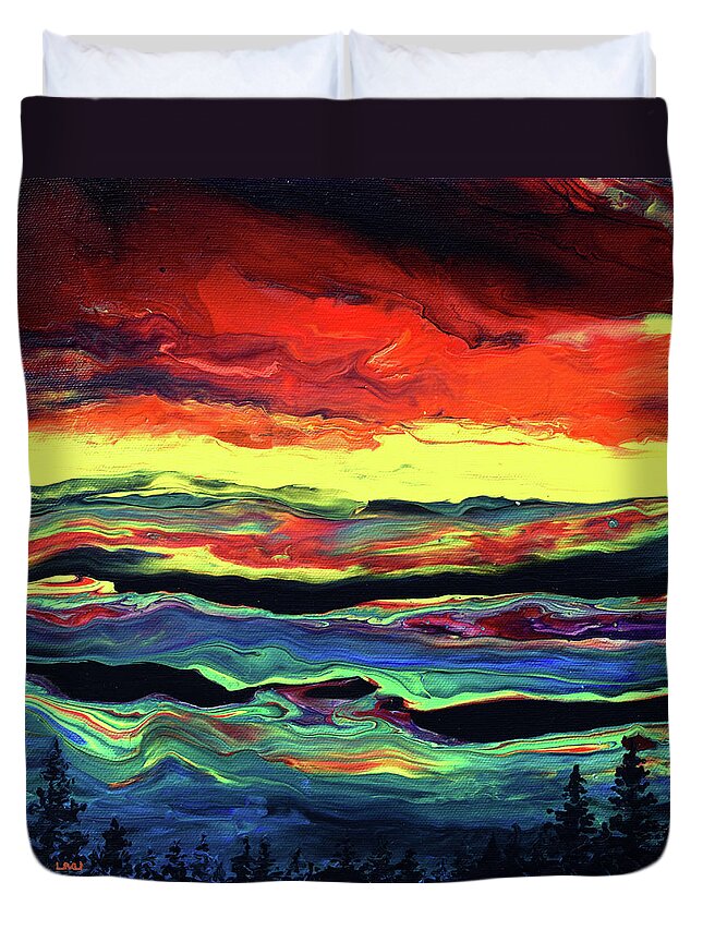 Pine Trees Duvet Cover featuring the painting Sunset Over the Mountains Abstract by Laura Iverson