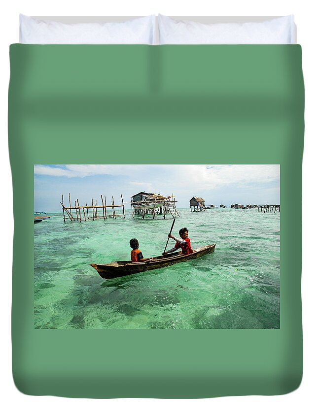 Sea Duvet Cover featuring the photograph Neptune's Children - Sea Gypsy Village, Sabah. Malaysian Borneo by Earth And Spirit