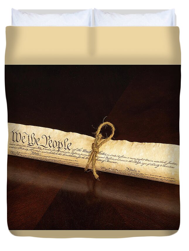 1700s Duvet Cover featuring the photograph The U S Constitution rolled tied with a cord displaying We The P #1 by Jack R Perry