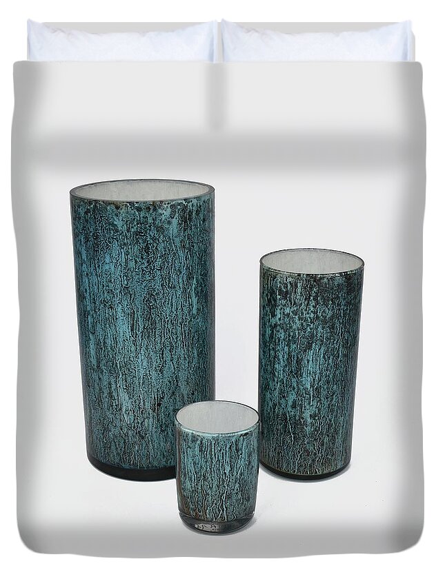 Glass Duvet Cover featuring the glass art Three Blue Cylinders by Christopher Schranck