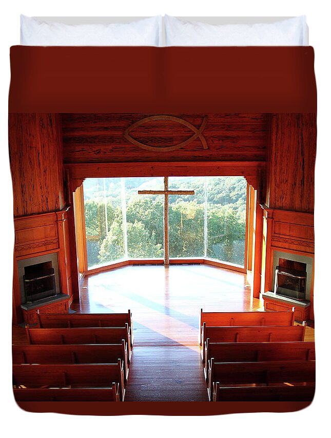 Table Rock Lake Duvet Cover featuring the photograph Top of the Rock Stone Chapel #1 by Lens Art Photography By Larry Trager