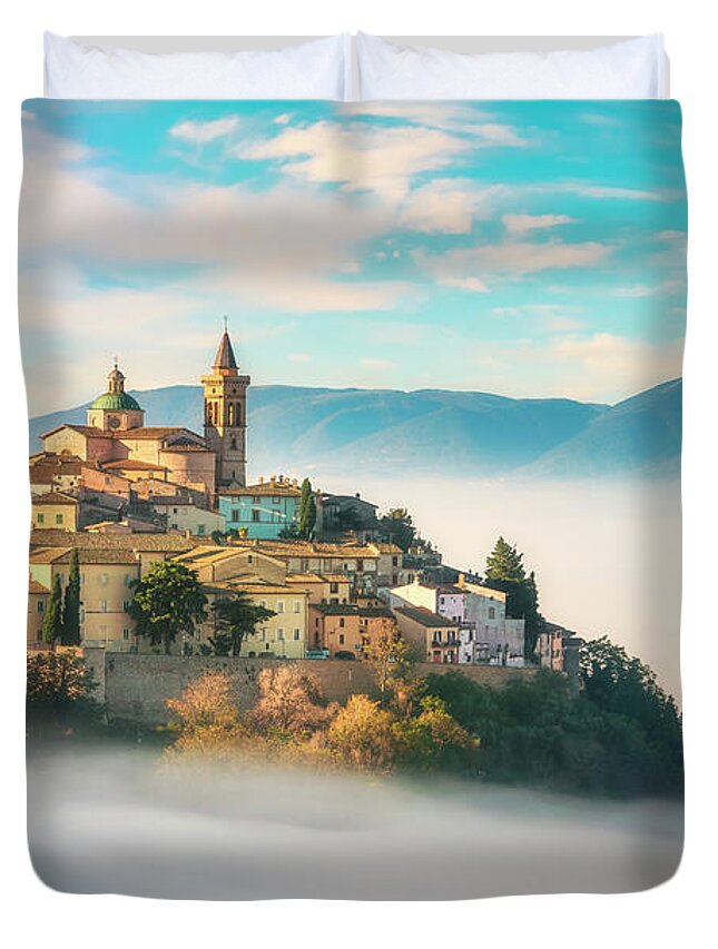 Trevi Duvet Cover featuring the photograph Trevi picturesque village in a foggy morning. Perugia, Umbria, I by Stefano Orazzini